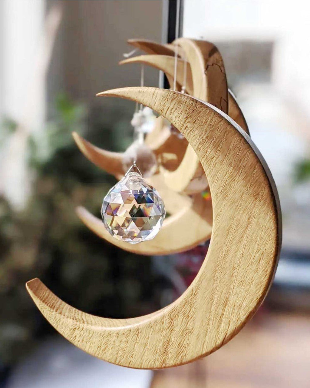 Crystal and Wood Moon Shaped Suncatcher